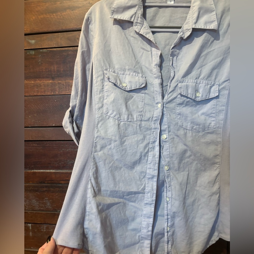 James Perse Contrast Side Panel Three-Quarter Sleeve Button-Up Gray Size 3 - Picture 2 of 7
